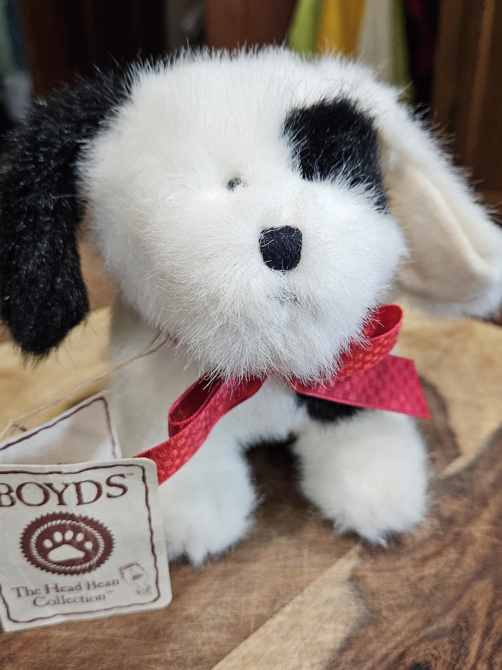 Vintage Boyds Plush Puppy with Red Ribbon - White & Black "Spot"